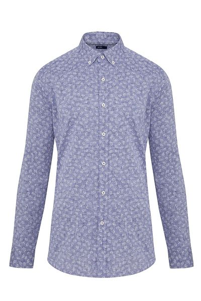 Hatemoğlu Μπλε Navy Slim Fit με εμπριμέ γιακά με μακρυμάνικο λινό πουκάμισο