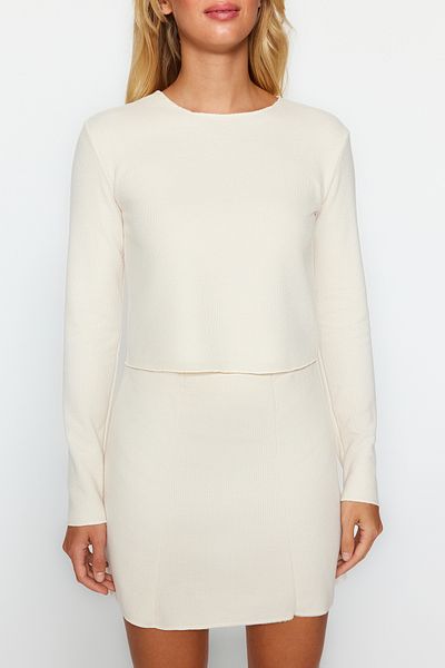 Trendyol Collection Μπεζ Low Shoulder Crew Neck Crop Selanik/Knitwear Look Πλεκτή Μπλούζα TWOAW24BZ00168