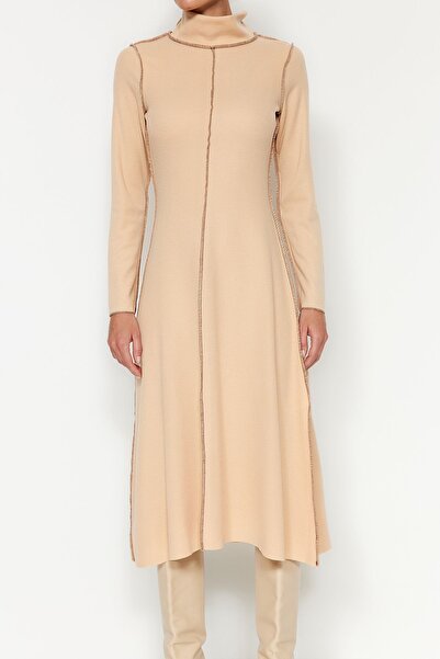 Trendyol Collection Camel Karioca Stitched A-Line/A-Line Formal Selanik/Knitwear Look Midi Knitted Dress TWOAW24EL00333