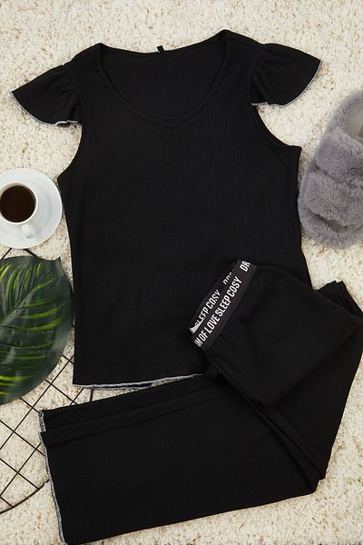 Trendyol Collection Set de pijamale negre pentru bebeluși - 100% bumbac, detaliu din cauciuc imprimat, tricotat cu nervuri THMAW25PT00017
