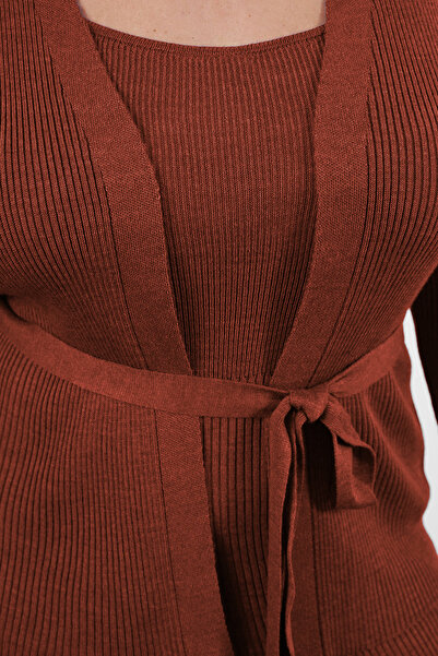 Trendyol Collection Tégla színű, 2 részes Midi kötöttáru kardigán és ruha szett - bordázott és öves TBBAW24AH00016