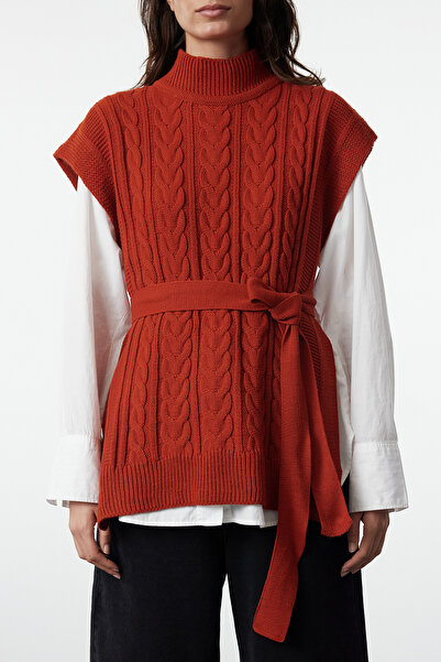 Trendyol Collection Wide Fit Wool Knitwear Sweater - Belted, Brick TWOAW22BZ0031