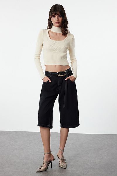 Trendyol Collection Pulover Crop Tricot cu guler - Stone TWOAW24KZ01206