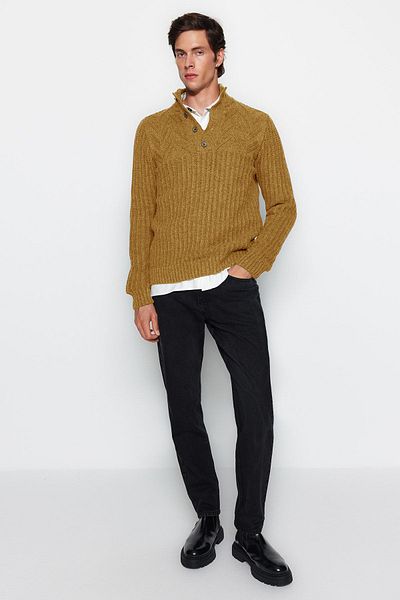 Trendyol Collection Unisex Camel Slim Fit Strickpullover – Wolle, halber Rollkragenpullover, Knopfleiste TMNAW22KZ0327