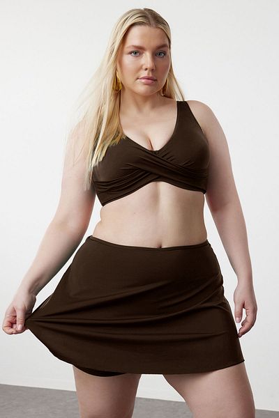 Trendyol Curve Mini Plus Size Bikini Bottoms with Brown Shorts Skirt Tbbss23Cr00015