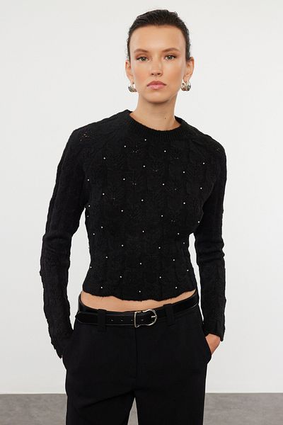 Trendyol Collection Pulover de tricotaj negru cu textura moale - brodat cu piatra TWOAW25KZ00148