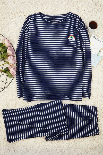 Trendyol Curve Crew Neck Navy Blue Striped Knitted Pajamas Set - TBBAW25AI00043