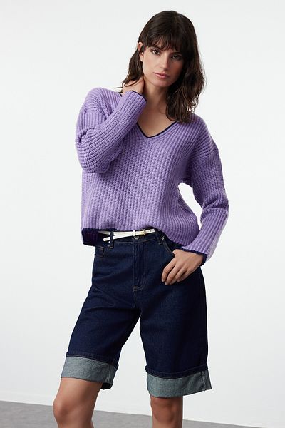Trendyol Collection Pulover din tricotaje liliac Wide Fit - Texturat moale TWOAW25KZ00224