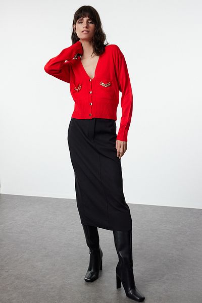 Trendyol Collection Knitwear Red Cardigan - Accessory Detailed, TWOAW25HI00015