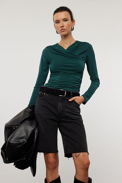 Trendyol Collection Ευέλικτη Πλεκτή Σμαραγδένια Πράσινη Μπλούζα - Μακρύ μανίκι, Λεπτομέρεια με κορδόνι, Εφαρμοσμένη TWOAW25BZ00105