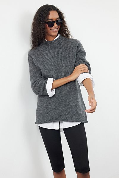 Trendyol Collection Stand Collar Anthracite Knitwear Sweater - Soft Texture, Seamless Twoaw25Kz00048