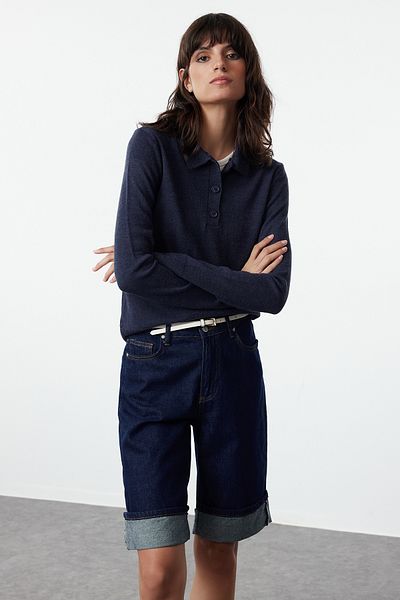 Trendyol Collection Polo Collar sötétkék kötöttáru pulóver - gyapjú TWOAW25KZ00025