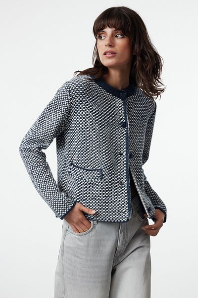 Trendyol Collection Indigo Knitwear Cardigan - vzhled žinylkové bundy, Twoaw25Hi00035