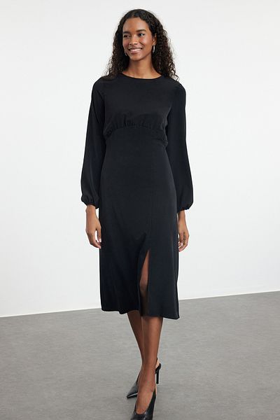 Trendyol Collection Černé midi tkané šaty s detailem balónového rukávu - TWOAW24EL00423