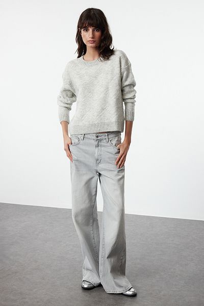 Trendyol Collection Geometric Patterned Gray Soft Knitwear Sweater - TWOAW25KZ00253