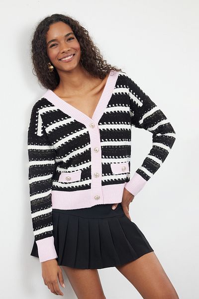 Trendyol Collection Pink and Glittery Block Striped Knitwear Cardigan - Twoaw25Hi00008