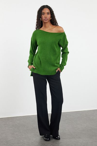 Trendyol Collection Grüner Basic-Strickpullover aus Wolle mit U-Boot-Ausschnitt TWOAW25KZ00010