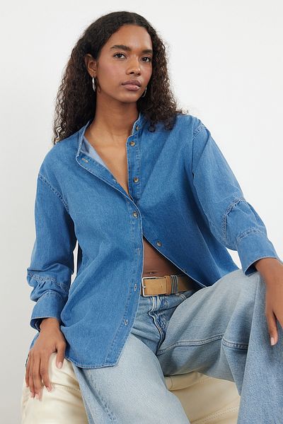 Trendyol Collection Oversize kék farmer ing - gombrészlet, TWOAW25GO00003