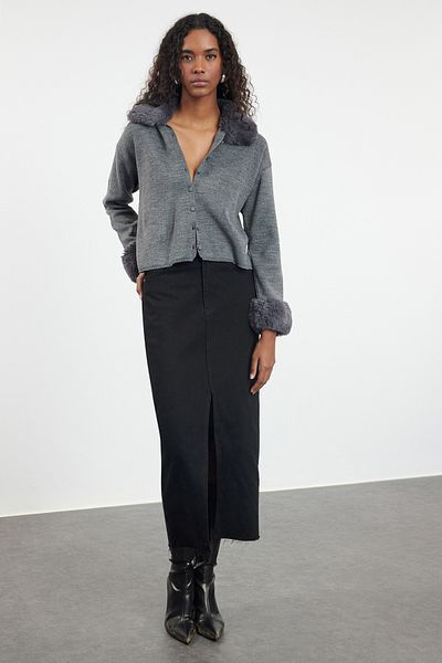 Trendyol Collection Knitwear Cardigan - Anthracite, Fur Detailed, TWOAW25HI00157