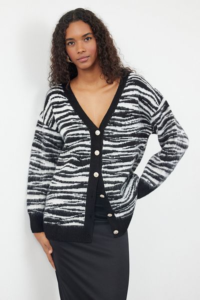 Trendyol Collection Zebra Patterned Black Knitwear Cardigan - Soft Textured Twoaw25Hi00239