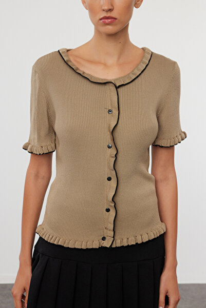 Trendyol Collection Knitwear Cardigan - Mink Color, Ruffle Detailed, Twoaw25Hi00203
