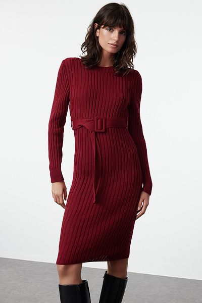 Trendyol Collection Πλεκτό Μίνι Φόρεμα Βουργουνδίας με Ζώνη - TWOAW23EL00444