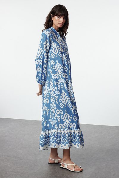 Trendyol Modest Φόρεμα από λινό υφασμένο μπλε σάλι με σχέδιο - TCTSS24EB00279