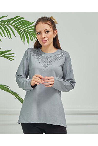 Stilmony Women's Mother Gray Embroidered Casual Middle Age Combed Cotton Blouse