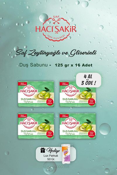 Hacı Şakir Pure Olive Oil Shower Soap 4x4 Pieces, Cotton