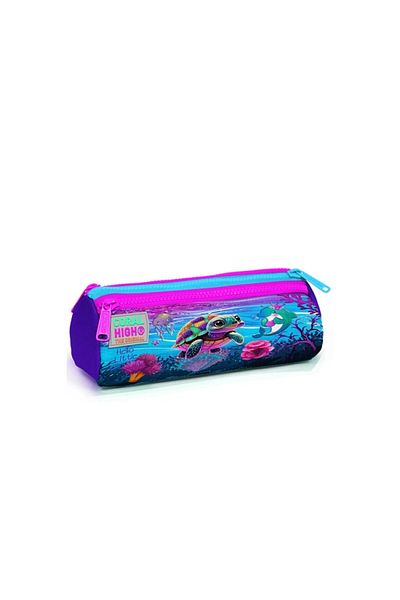 Coral High 22056 Παιδική - Τσάντα μολυβιού με μοτίβο ροζ μωβ χελώνας με τρία διαμερίσματα