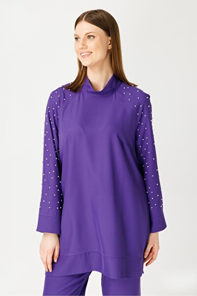 MÜSEMMA Büyük Beden Kol İnci Detaylı Pantolon Takım - MOR