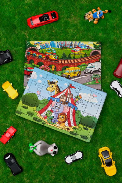 printkonsept مرحلة ما قبل المدرسة - مجموعة ألغاز خشبية للسيارات وعائلتي العزيزة