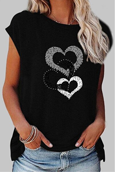 Erbilden تي شيرت نسائي من Elçi Fashion بأكمام قصيرة وطبعة قلب من الفسكوز