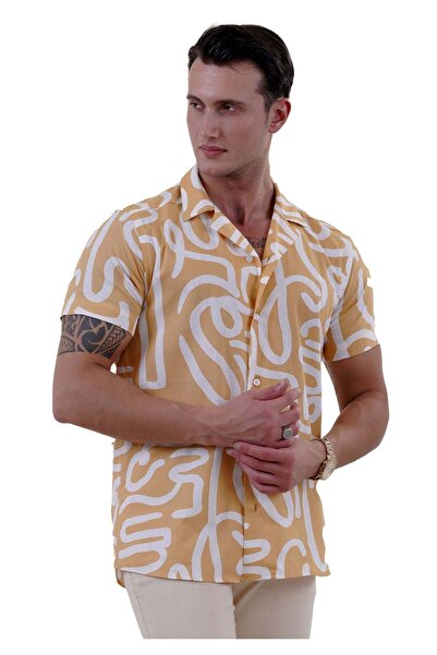 Exve Exclusive Yellow and White Abstract Pattern - Hawaiian Cut Short Sleeve Summer Shirt