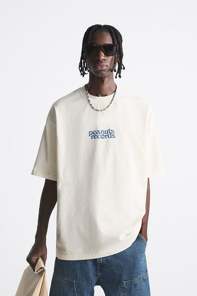 The Champ Clothing Ανδρικό μπλουζάκι με λαιμόκοψη Peanuts Records με στάμπα Oversize Λευκό
