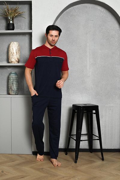 AHENGİM Men's Summer Pajama Set - Short Sleeve, Single Jersey, Three Button, Embroidered Cotton