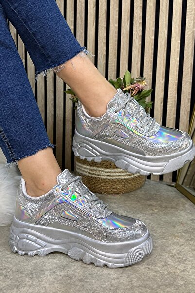 Allyup Stříbrné hologramové vysoké pohodlné dámské tenisky - šněrovací 001
