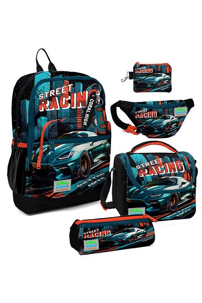 Coral High Set de cinci ghiozdane pentru școala primară cu model cărucior negru pentru băiat