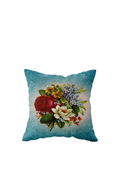 linazaitun Turquoise Floral Desneli Single Side Hidden Zipper Pillow Case Thr...