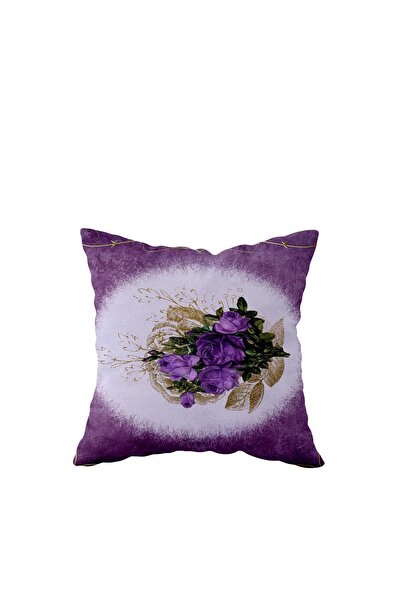 linazaitun Mor Zeminde Floral Desenli Tek Taraflı Gizli Fermuarlı Yastık Kılı...