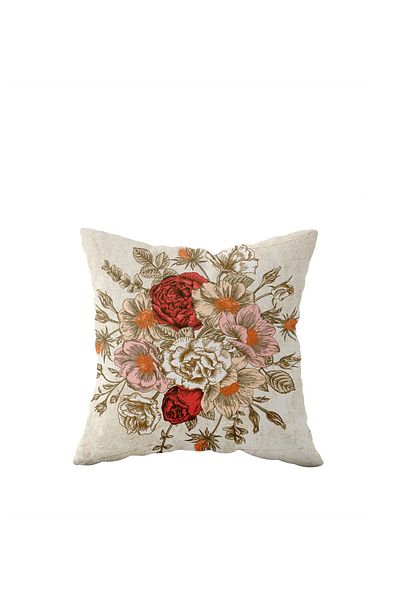 linazaitun Double Sided Red Beige Rose Flower Patterned Pillow Case - Hidden Zipper