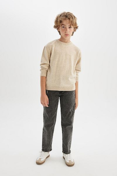 DeFacto Boy's Ecru Crew Neck Basic Plain Knitwear Sweater A4992A824Wn