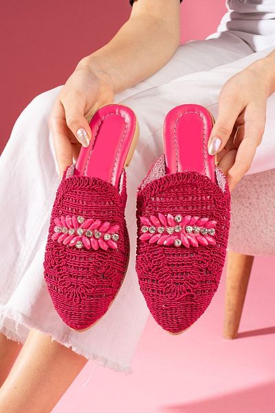 FUGA MODA Fuchsia Colored Yamal Straw Slippers - Stone Embroidered