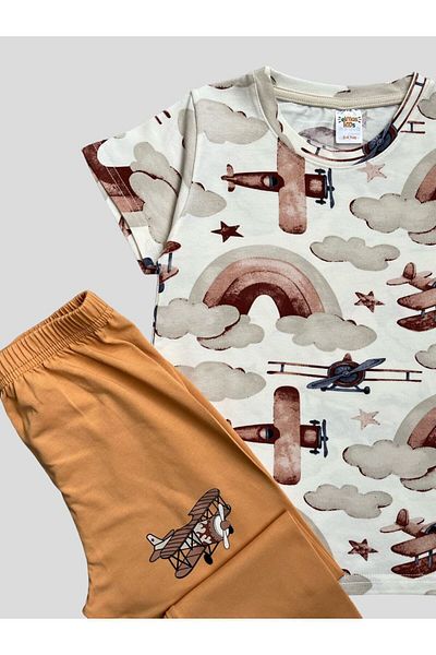 elmas kids Boy's 100% Cotton Airplane Patterned Short Sleeve Summer Pajamas Set
