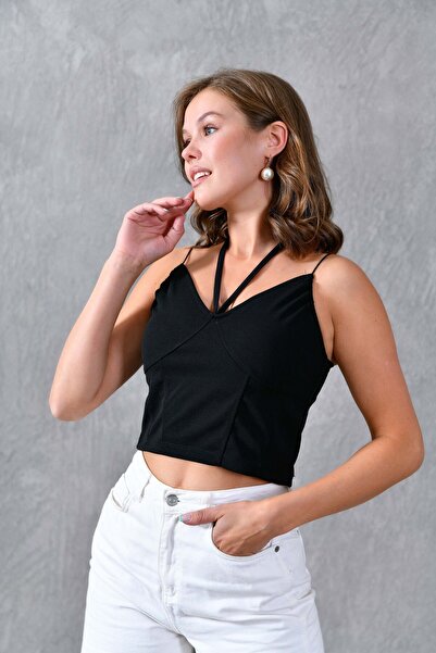 bayansepeti Black Crepe - Neck Lace Up Strap Crop Blouse582455