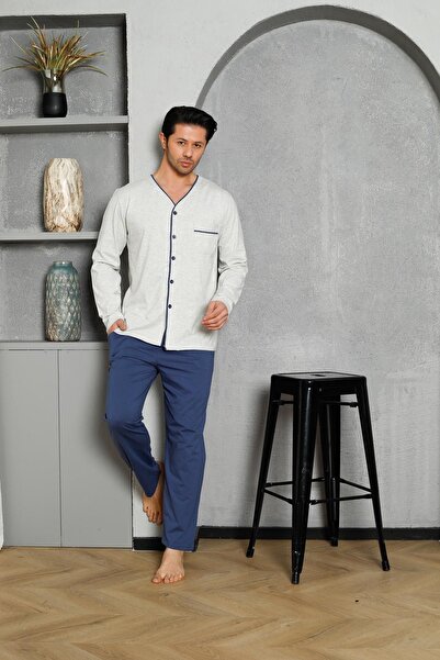 AHENGİM Erkek Pijama Takımı Uzun Kollu Süprem Boydan Düğmeli Üst Cepli Pamuklu