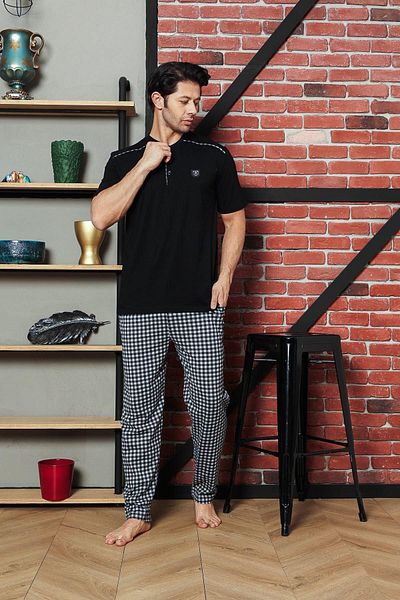 Ahengim Man Single Jersey Men's Pajama Set - Short Sleeve, Trolley Shoulder, Plaid Pattern and Embroidered Cotton