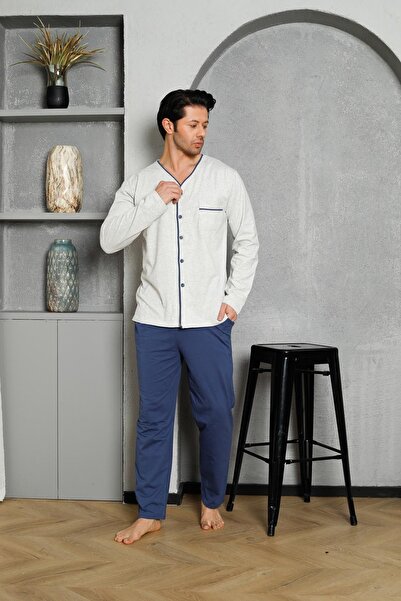 AHENGİM Erkek Pijama Takımı Uzun Kollu Süprem Boydan Düğmeli Üst Cepli Pamuklu