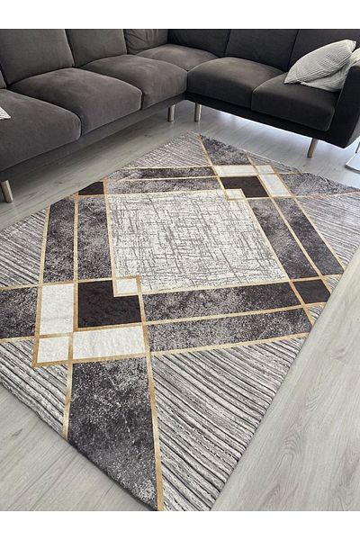 Madame Clean Home Black Gray Gold - Stripe Model Velvet Carpet Cover (12 M2) 300x400