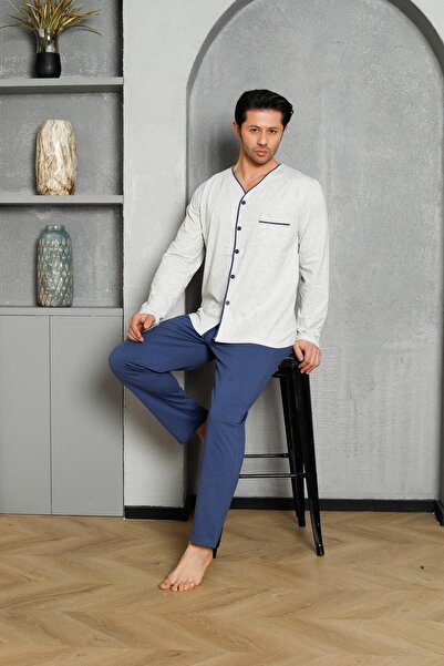 AHENGİM Erkek Pijama Takımı Uzun Kollu Süprem Boydan Düğmeli Üst Cepli Pamuklu